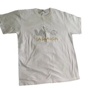 Jamaica Womens White T Shirt XL Cotton Embroidered Silver Gold Souvenir Summer
